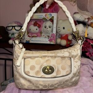 Coach Signature C Monogram Polka Dot Tan Leather Trim Shoulder Bag Purse